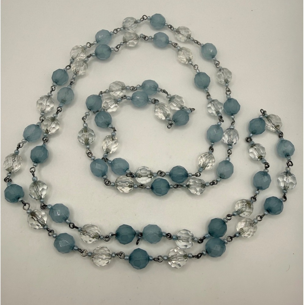 Long Faceted Blue and Clear Bead Station Necklace Flapper 51 Inch